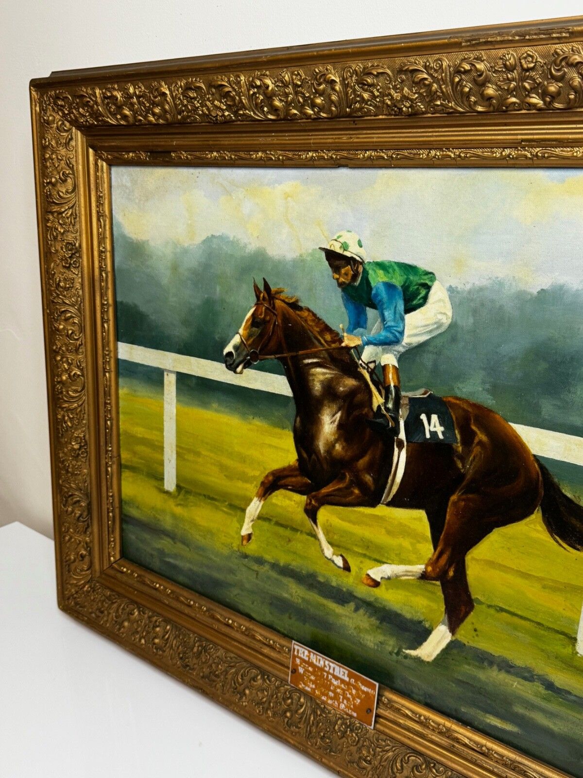 20th Century Equestrian Oil Painting The Minstrel Chestnut Colt Epsom Derby 1977 Jockey Lester Piggott photo Art