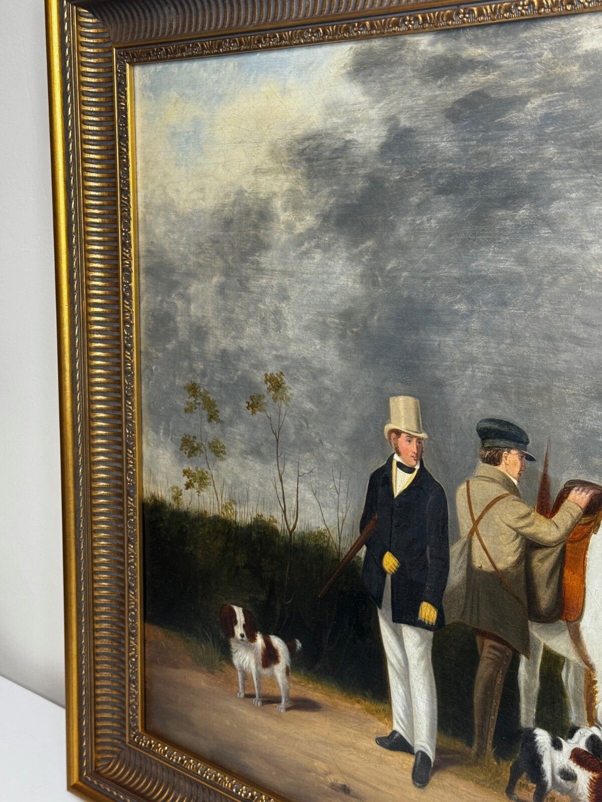 19th Century Hunting Party Oil Painting Spaniel Pointer Dogs Lord With Purdey In Grey Top Hat photo for sale