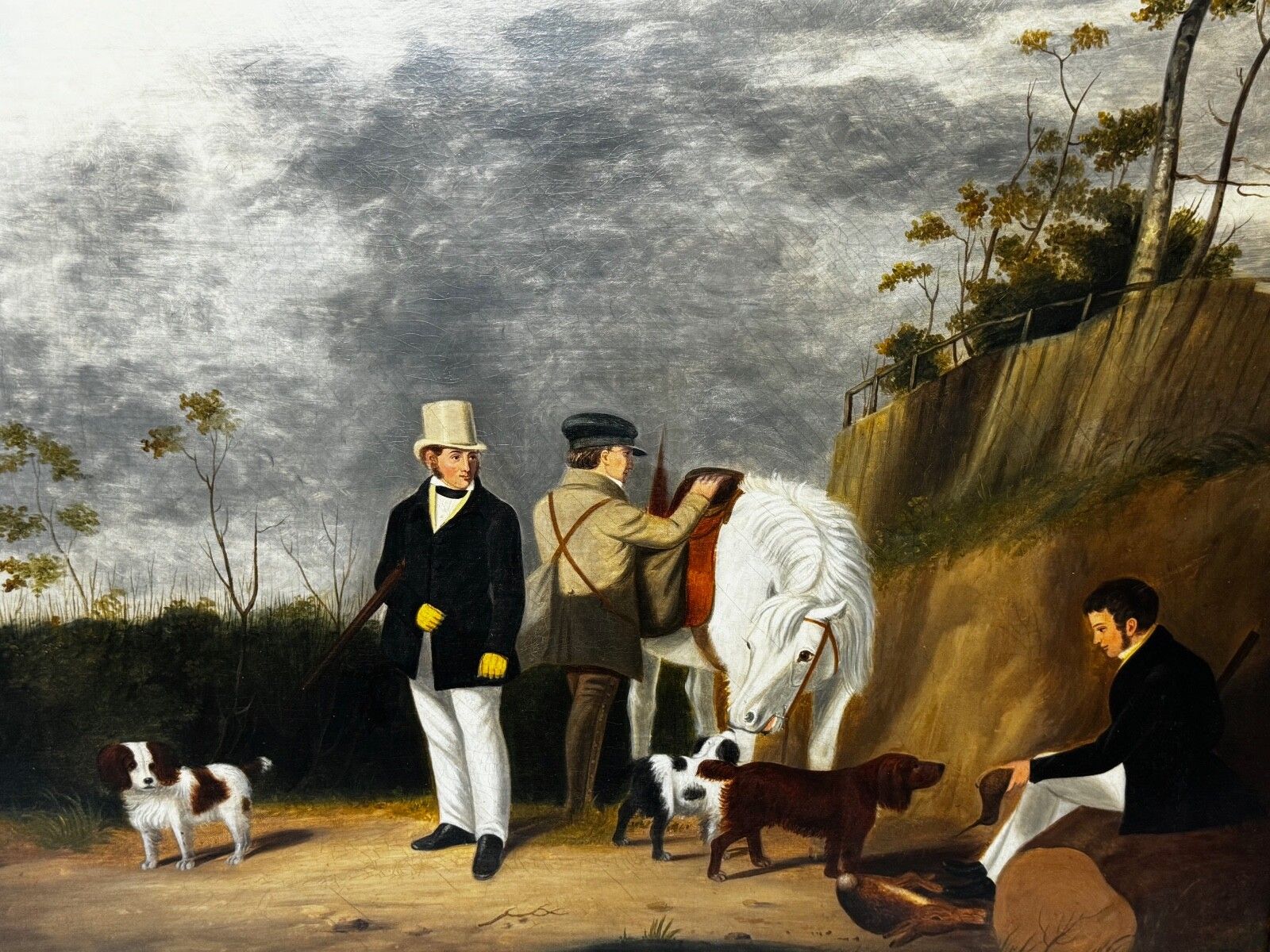 19th Century Hunting Party Oil Painting Spaniel Pointer Dogs Lord With Purdey In Grey Top Hat photo vintage