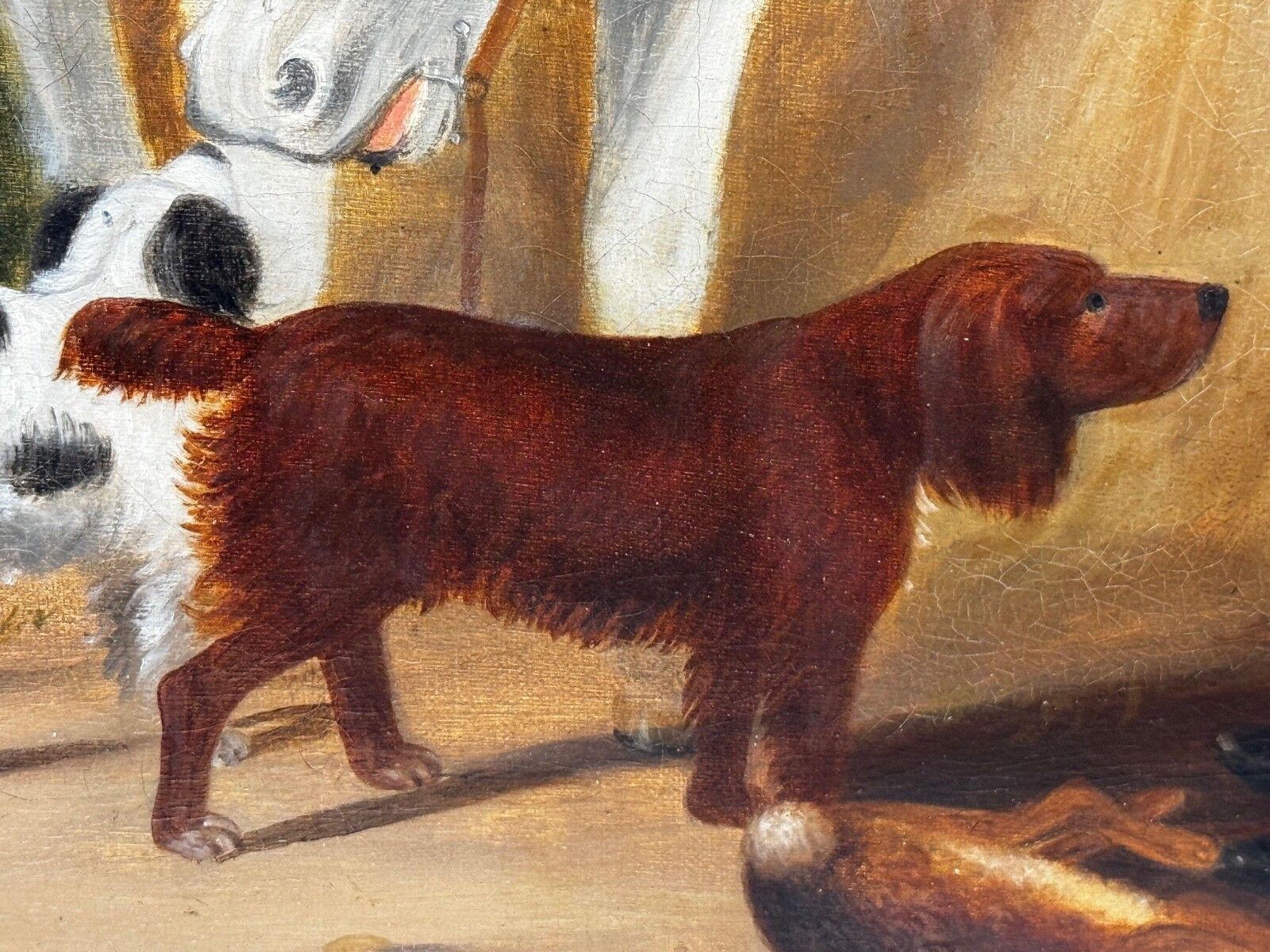 Art 19th Century Hunting Party Oil Painting Spaniel Pointer Dogs Lord With Purdey In Grey Top Hat photo