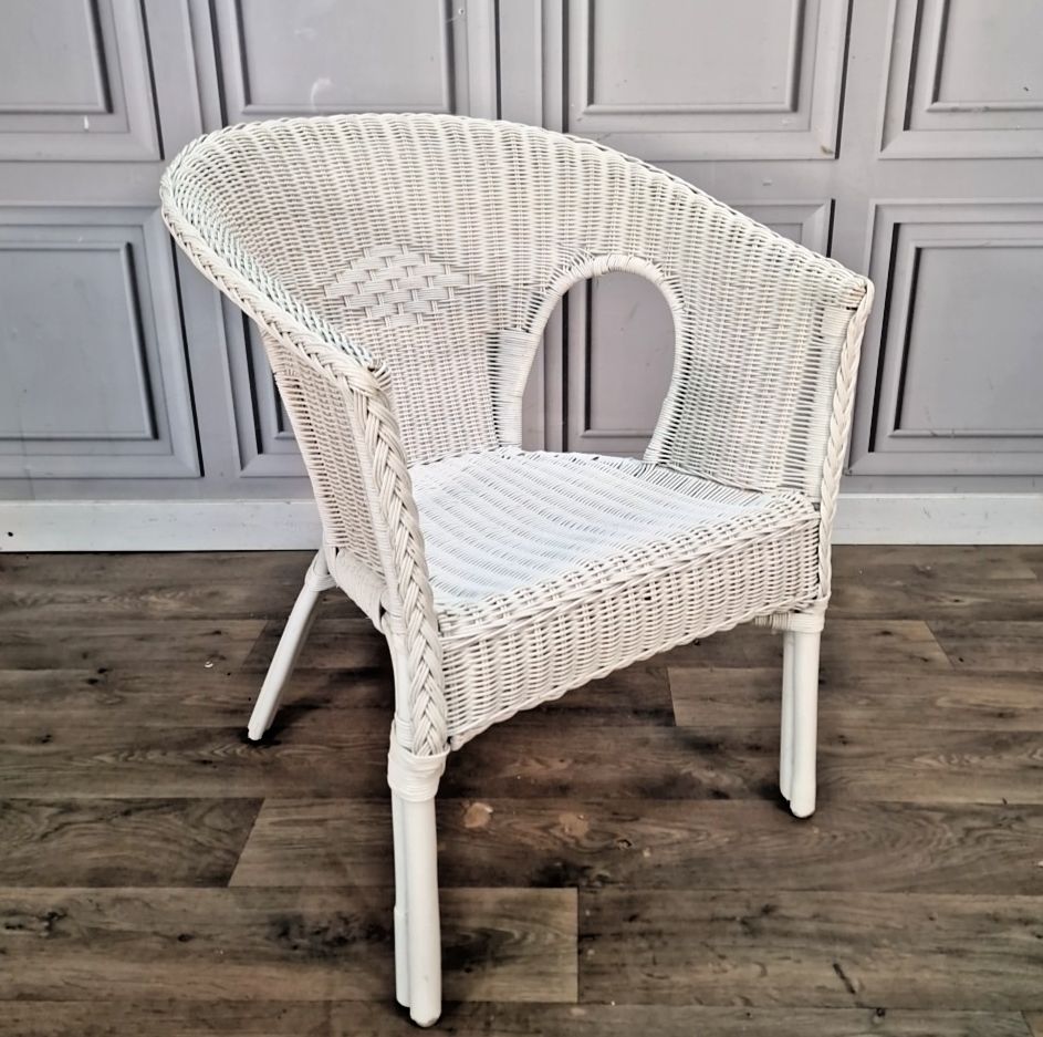 Vintage Wicker Tub Chair White Painted Cane Conservatory Armchair Seat Retro Mcm