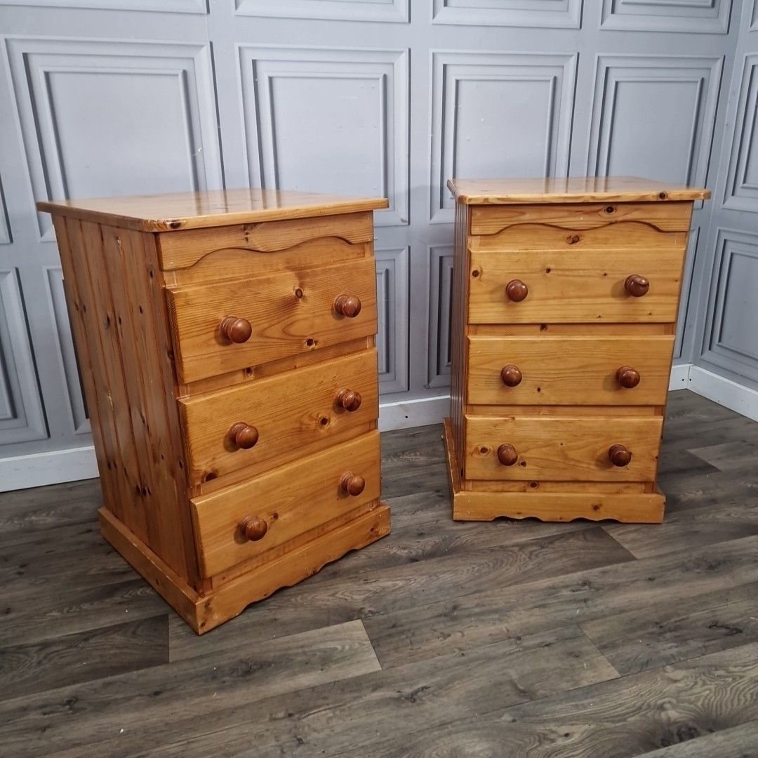 Retro Pair Pine Bedside Tables Chest Of Drawers Cabinets Solid Wooden Vintage