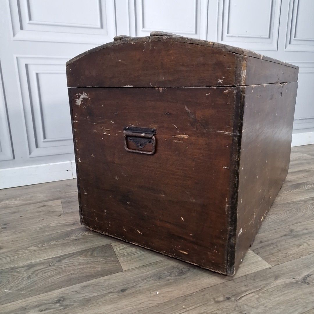 Antique Rustic Wooden Chest – Blanket Box / Trunk Metal Handles Dome Top Storage photo for sale
