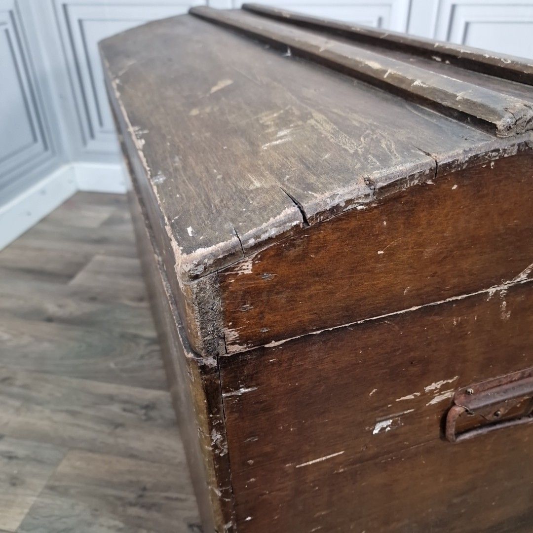 130.0 Antique Rustic Wooden Chest – Blanket Box / Trunk Metal Handles Dome Top Storage photo