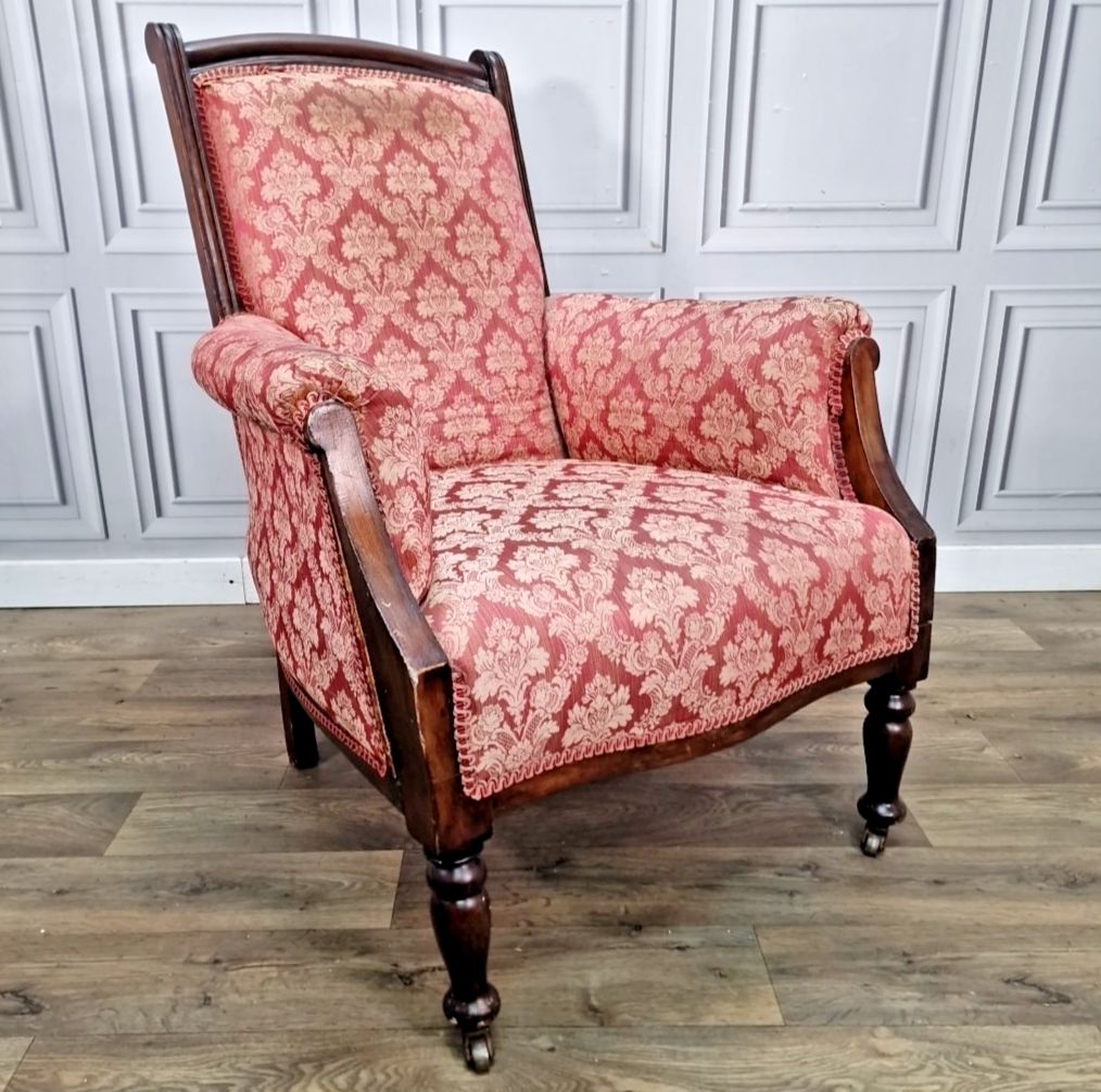 Antique Victorian Armchair Upholstered Damask Fabric Mahogany Frame Castors