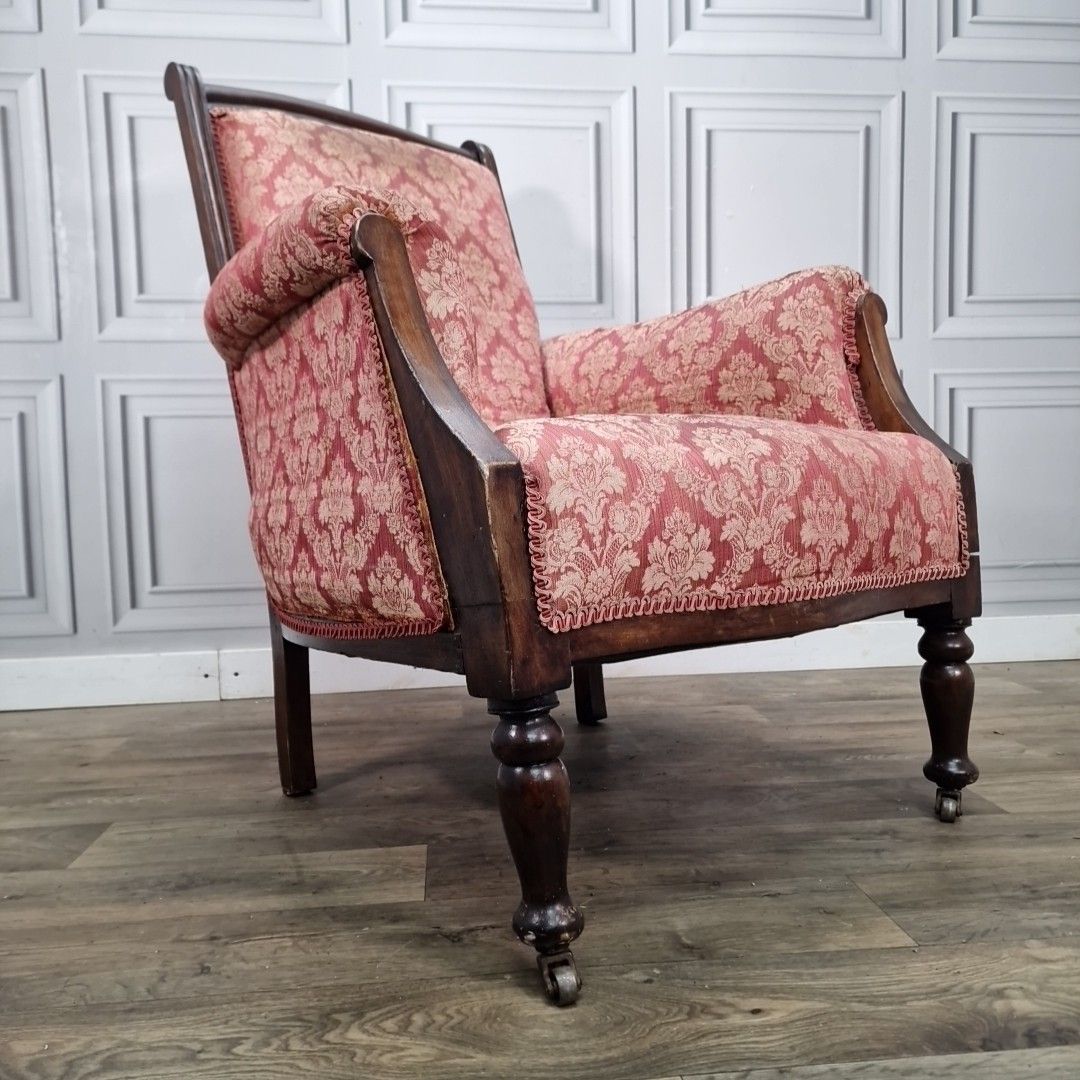 Antique Victorian Armchair Upholstered Damask Fabric Mahogany Frame Castors photo furniture