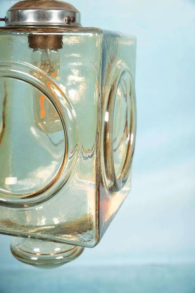 photo furniture Japandi Glass Pendant Lamp, Bohemian Cubic Vintage Glass Lamp.