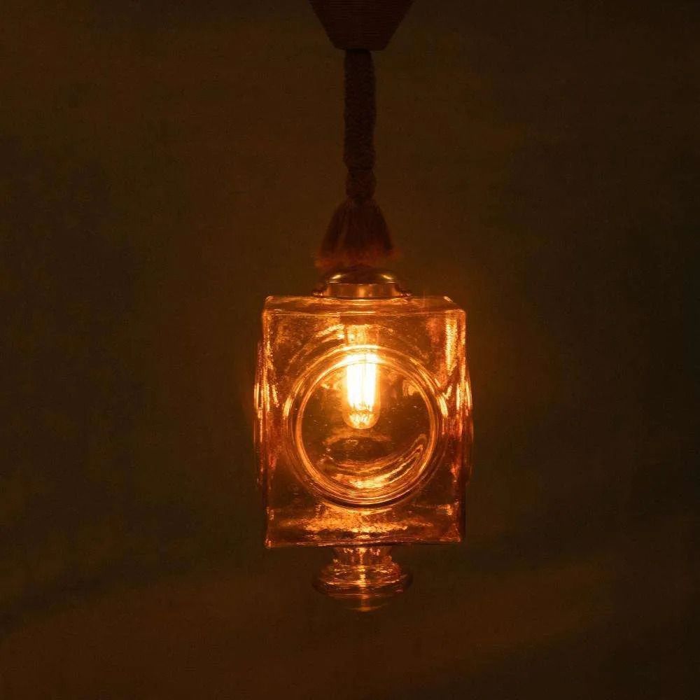 268.0 Japandi Glass Pendant Lamp, Bohemian Cubic Vintage Glass Lamp. photo