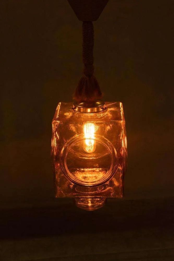 photo buy Japandi Glass Pendant Lamp, Bohemian Cubic Vintage Glass Lamp.