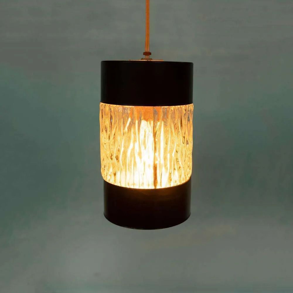 Vintage Glazen Hanglamp Jaren 60, Ribbelglas Japandi Lamp.