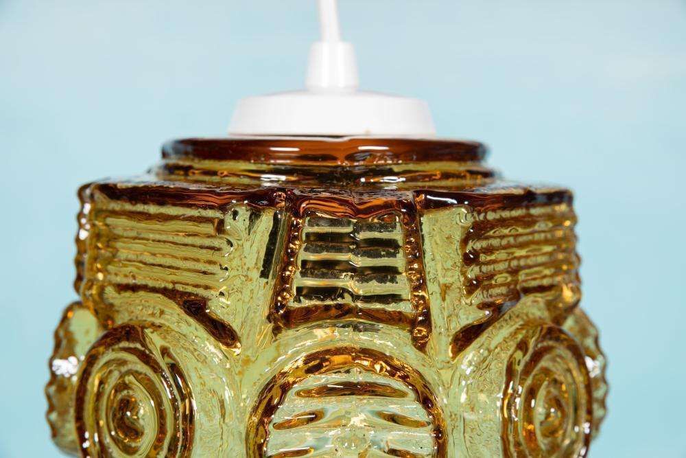 Vintage Glass Pendant Lamp Vitrika, Amber Midcentury Pendant. photo vinterior