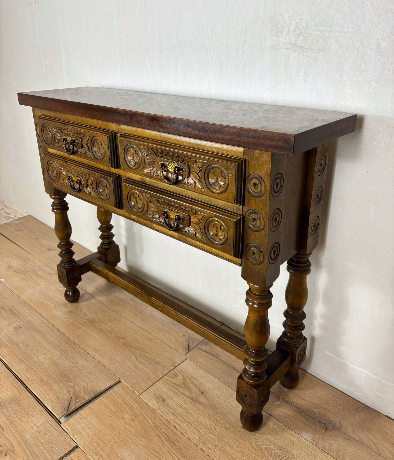 Spanish Renaissance Revival Walnut Console Table With Four Carved Drawers, 1930s photo Furniture