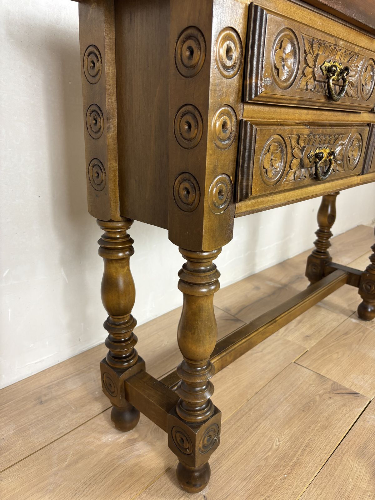 Spanish Renaissance Revival Walnut Console Table With Four Carved Drawers, 1930s photo vintage