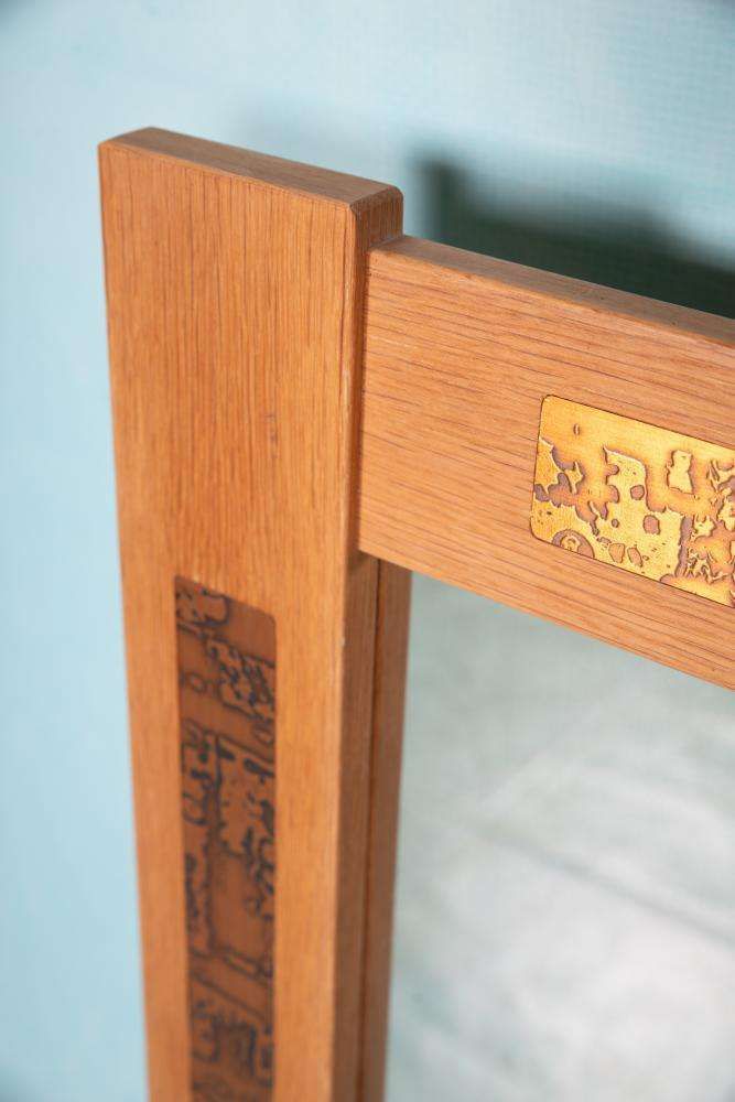Deens Vintage Design Jaren 1960 Wandspiegel Eiken & Geponst Messing. photo 249.0