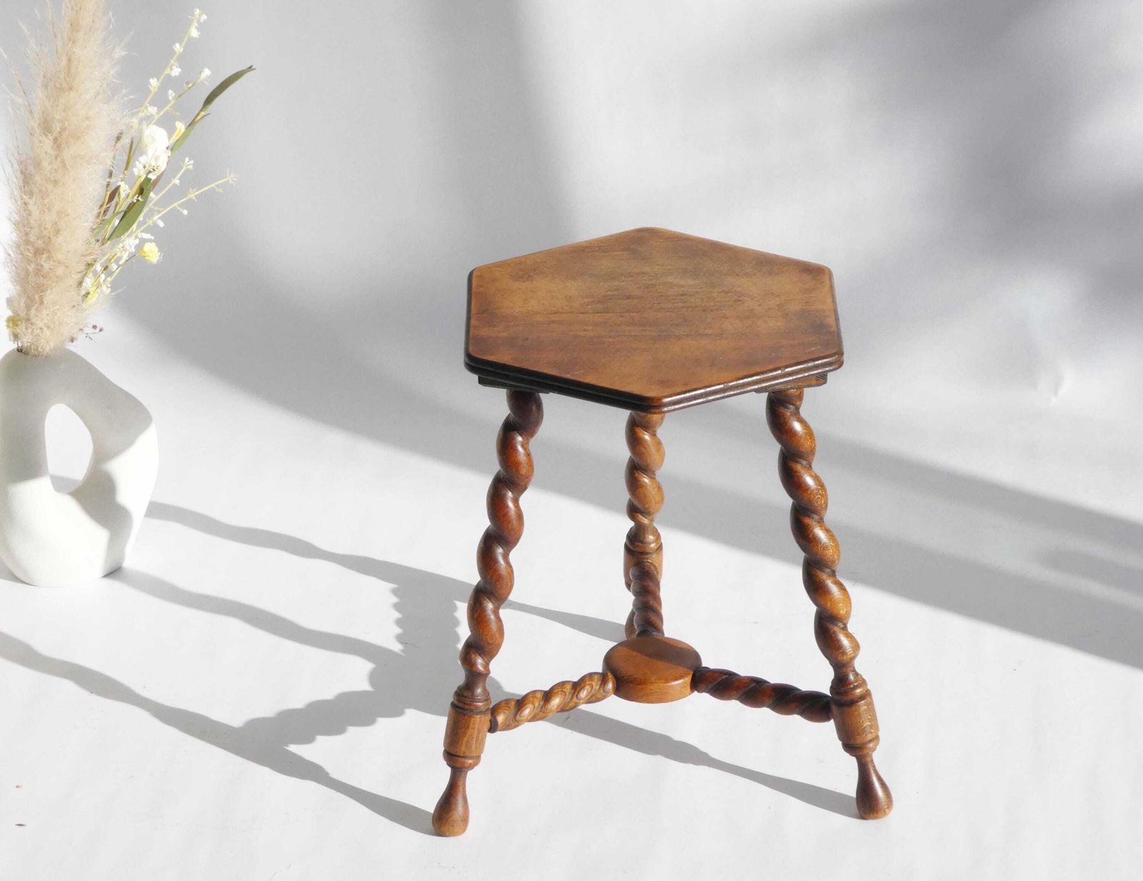 Antique Hexagon Barley Twist Stool, Wooden Small Side Table Twisted Legs, Tripod Stool, Rustic Farmhouse Decor.