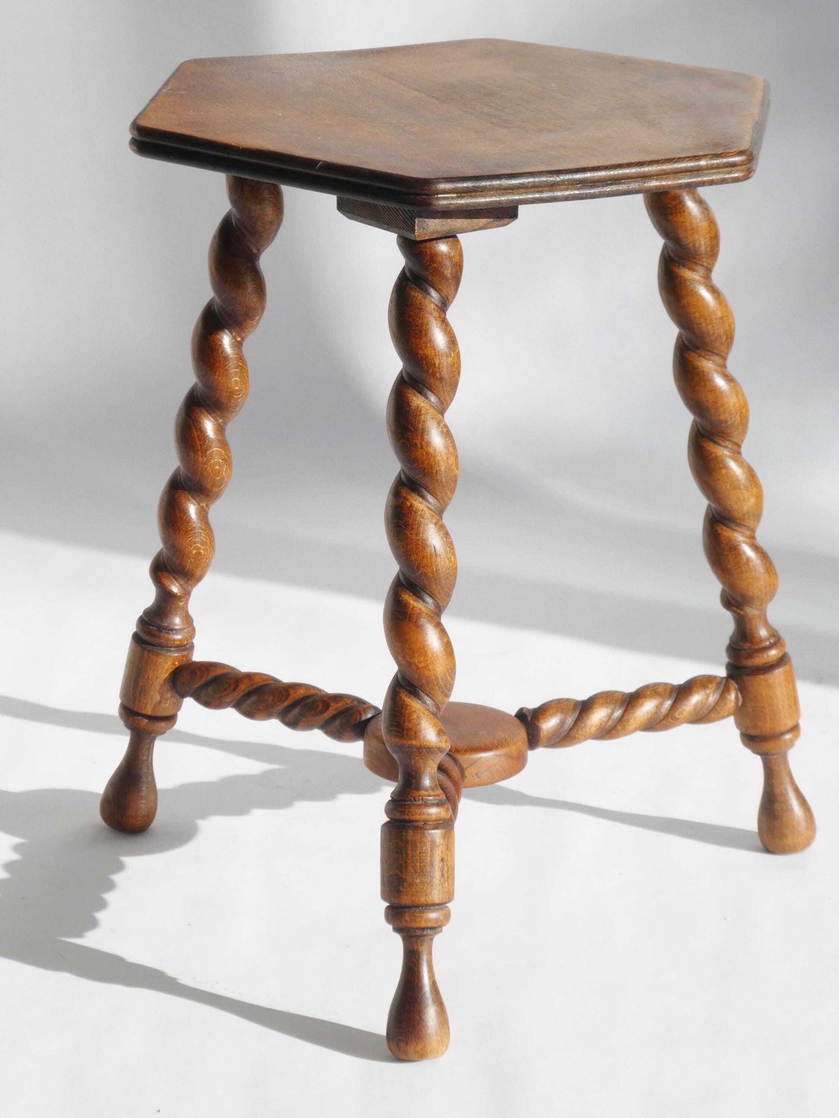 Antique Hexagon Barley Twist Stool, Wooden Small Side Table Twisted Legs, Tripod Stool, Rustic Farmhouse Decor. photo furniture
