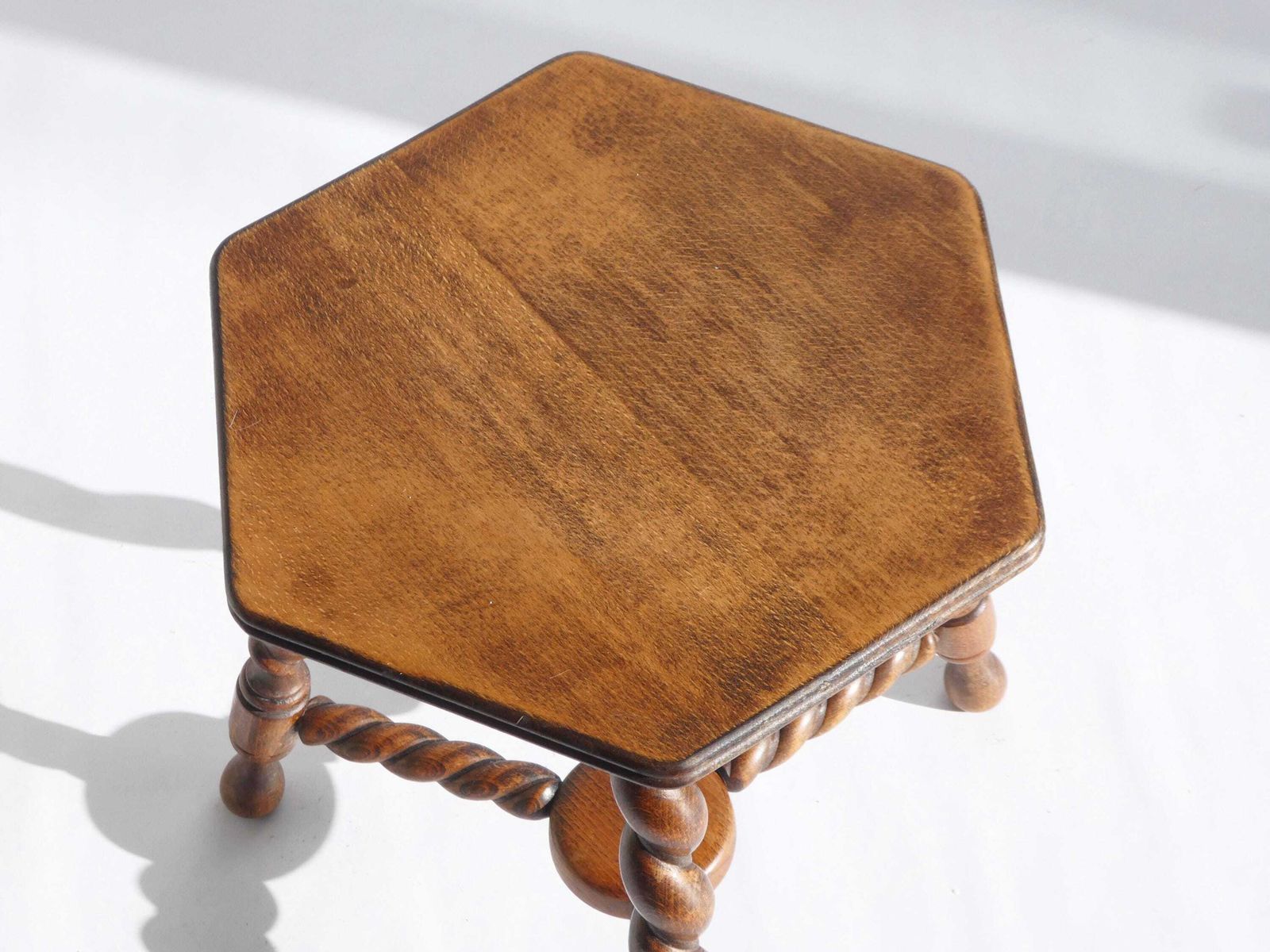 Antique Hexagon Barley Twist Stool, Wooden Small Side Table Twisted Legs, Tripod Stool, Rustic Farmhouse Decor. photo for sale