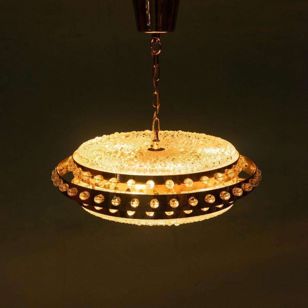 Midmod Regency Hanging Lamp Glass And Brass, Orrefors Sweden.