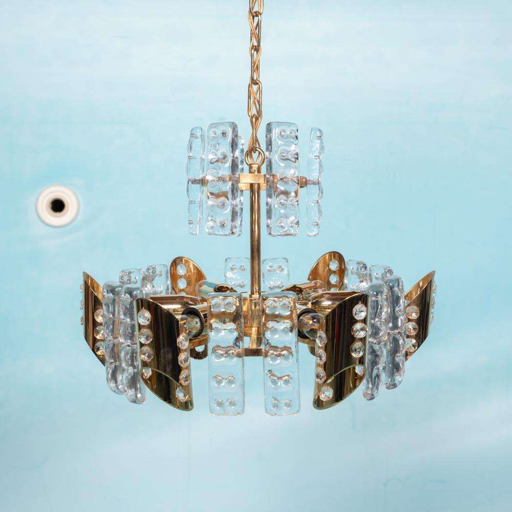 Midcentury Orrefors Gold Plated Crystal Hanging Lamp Fagerlund