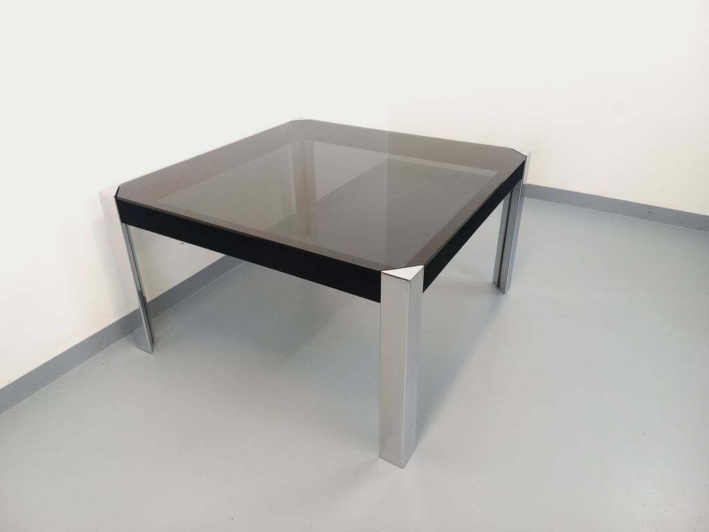 photo vintage Guido Faleschini Square Table For Mariani X Hermès In Smoked Glass And Chromed Metal