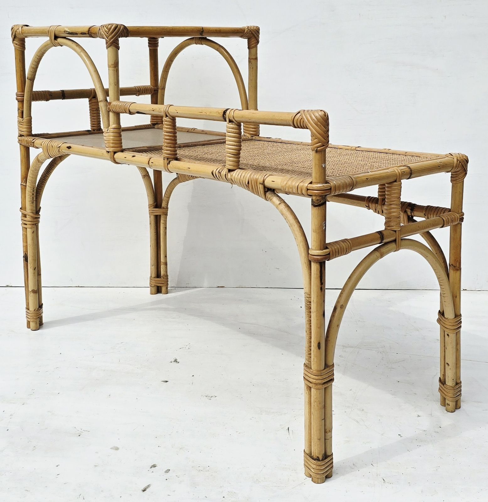 Mid Century French Bamboo & Smoked Glass Telephone Seat, Tiered Rattan Bench. photo Furniture