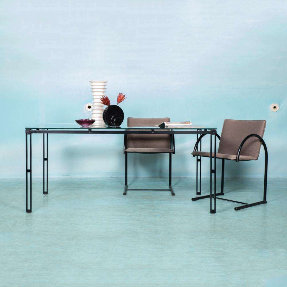 Minimalistische Glazen Eettafel Met Metalen Onderstel, Mid Century Modern Jaren 1980 photo furniture