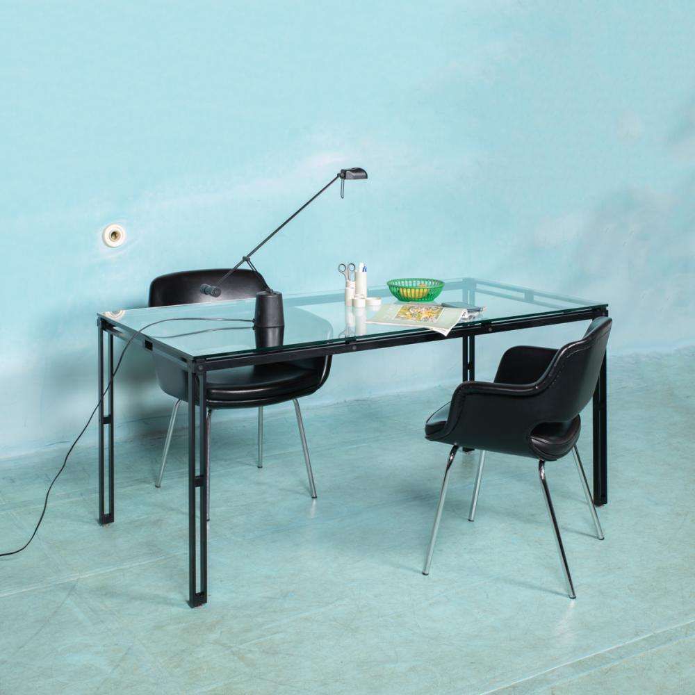 Minimalistische Glazen Eettafel Met Metalen Onderstel, Mid Century Modern Jaren 1980 photo vinterior