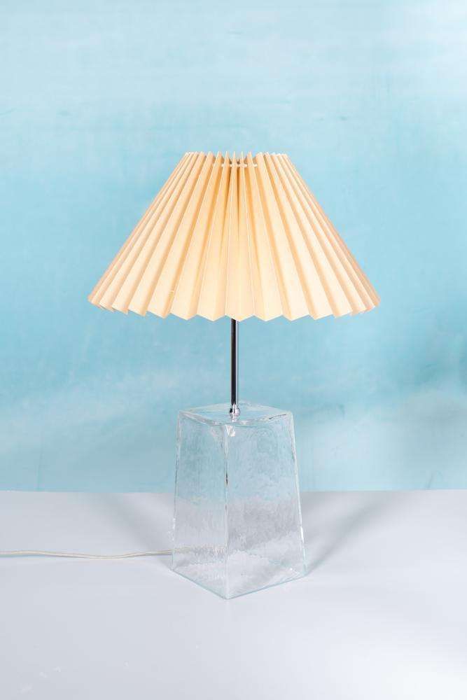 Minimalist Glass Table Lamp From The 1980s With A Pleated Shade