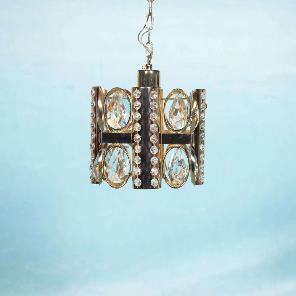 Midcentury Palwa Chandelier Pendant Lamp Crystal, Glass & Brass photo furniture