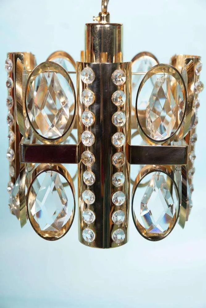 Midcentury Palwa Chandelier Pendant Lamp Crystal, Glass & Brass photo 545.0