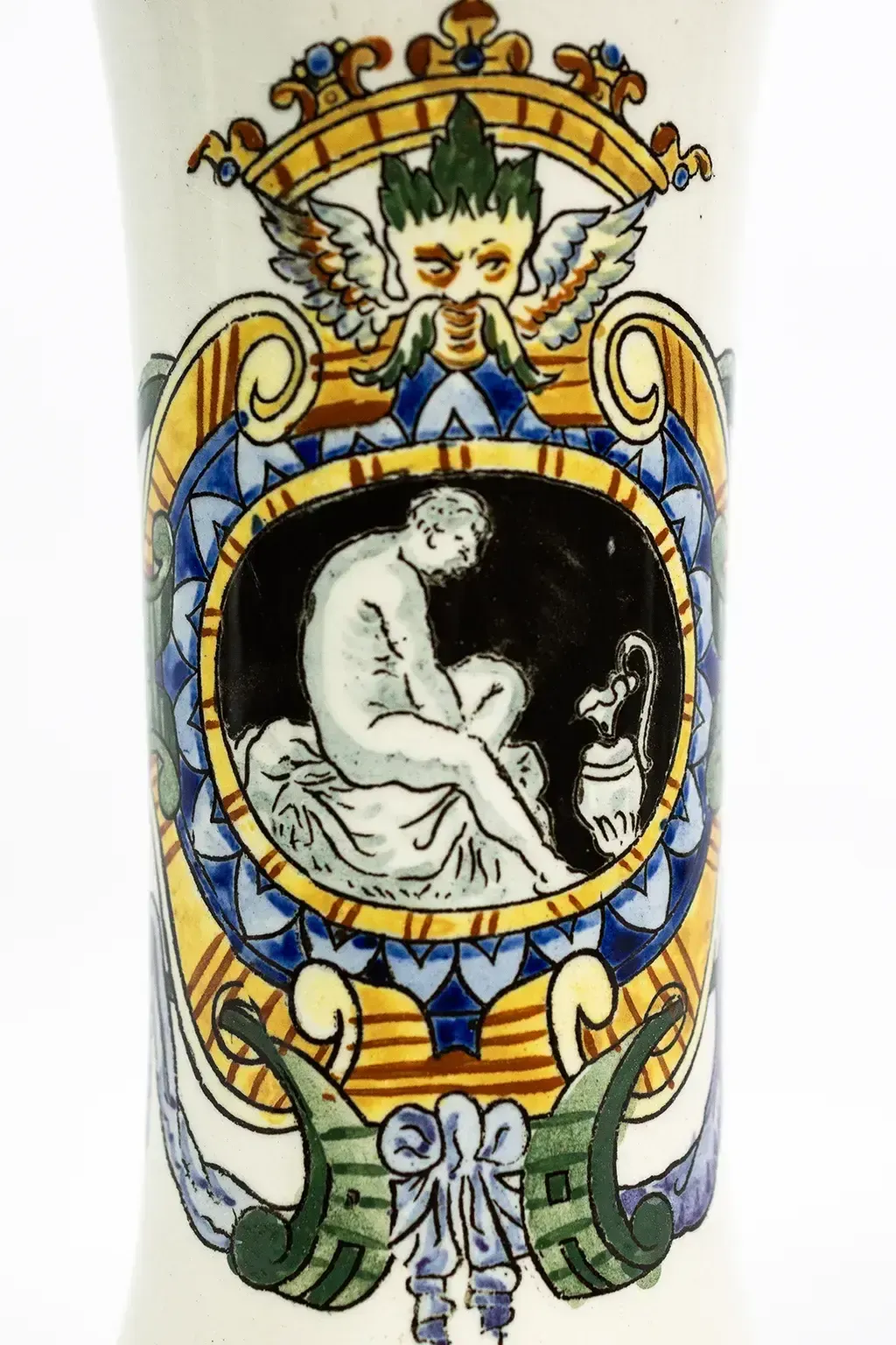 A Fine Earthenware Horn Shaped Vase, Decorated With Renaissance Grotesques — Gien Pottery, Late 19th Century photo for sale