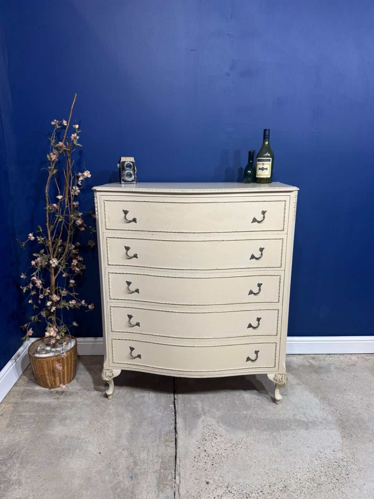 Vintage Olympus Chest Of Drawers White Cream French Louis XV Style 5 Drawers