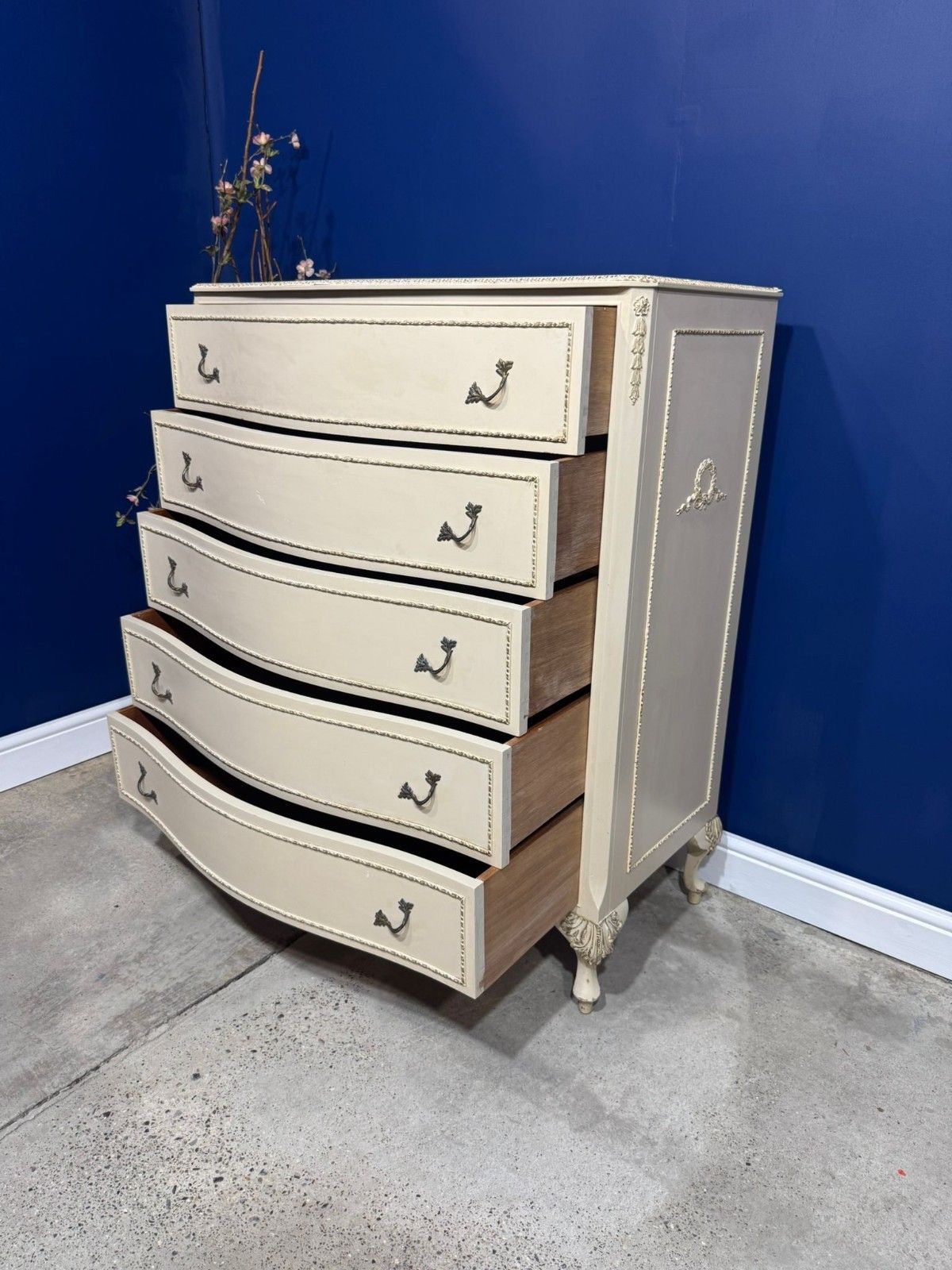Vintage Olympus Chest Of Drawers White Cream French Louis XV Style 5 Drawers photo vinterior