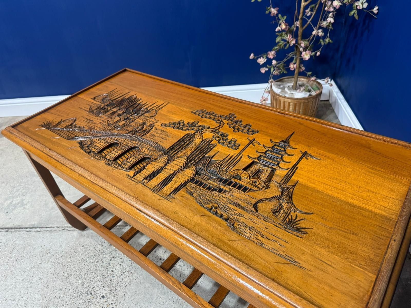 Vintage Japanese Wood Coffee Table – Oriental Design Mid Century Asian Carved photo vintage