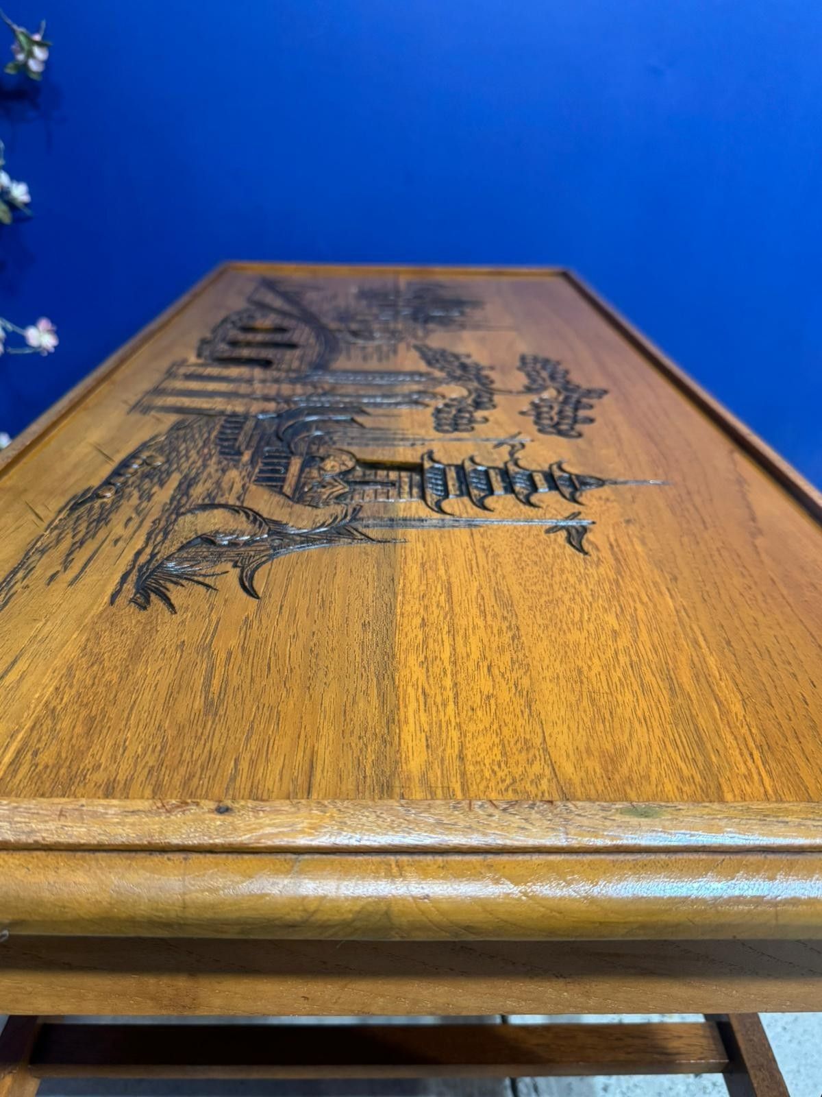 photo vinterior Vintage Japanese Wood Coffee Table – Oriental Design Mid Century Asian Carved