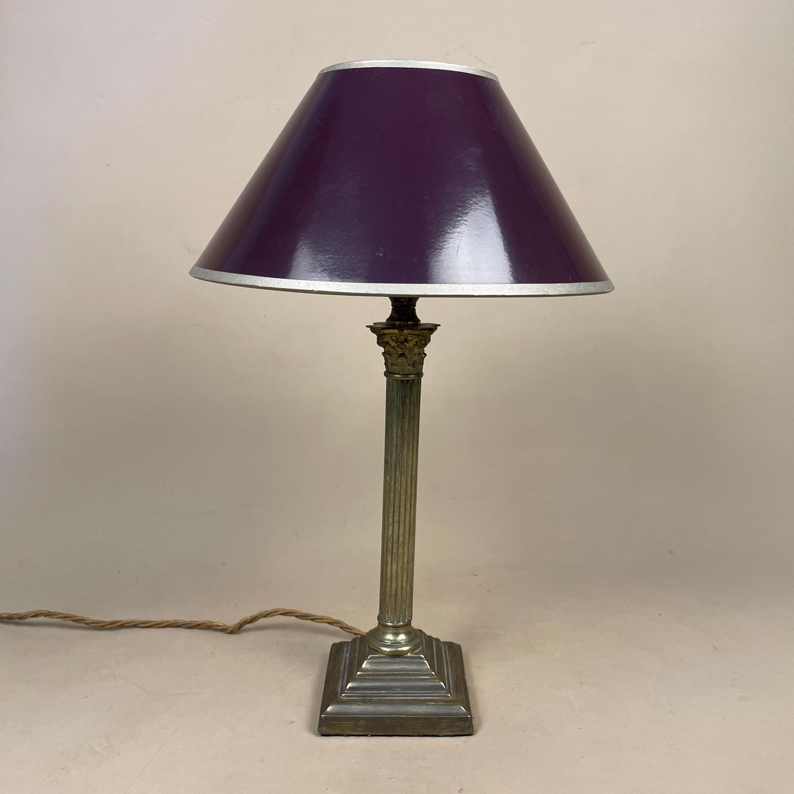 Antique Metal Gold Brass Lamp Light Bedside Side Table Desk Column Ornate Square Base Vintage Pattern Medium Purple Lampshade Shade