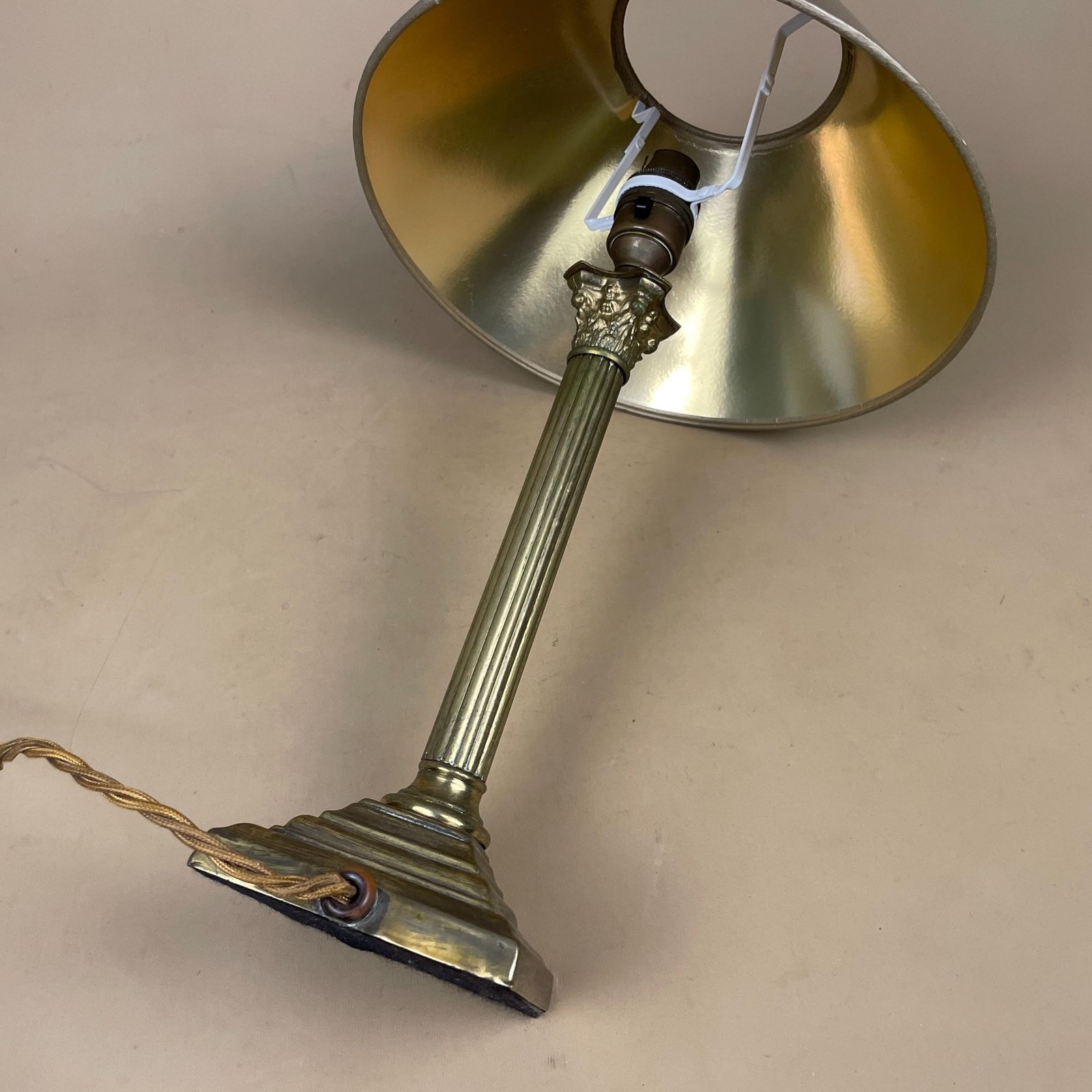 Antique Metal Gold Brass Lamp Light Bedside Side Table Desk Column Ornate Square Base Vintage Pattern Medium Purple Lampshade Shade photo for sale