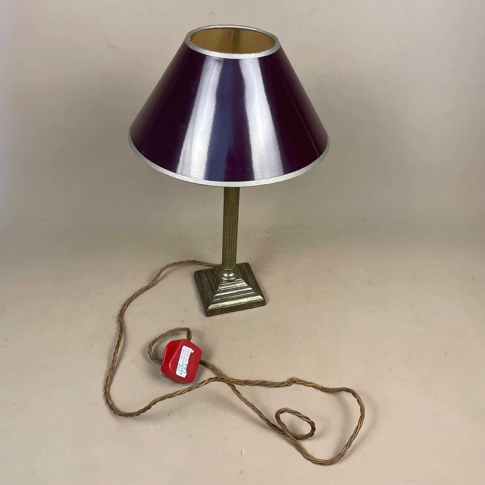75.0 Antique Metal Gold Brass Lamp Light Bedside Side Table Desk Column Ornate Square Base Vintage Pattern Medium Purple Lampshade Shade photo