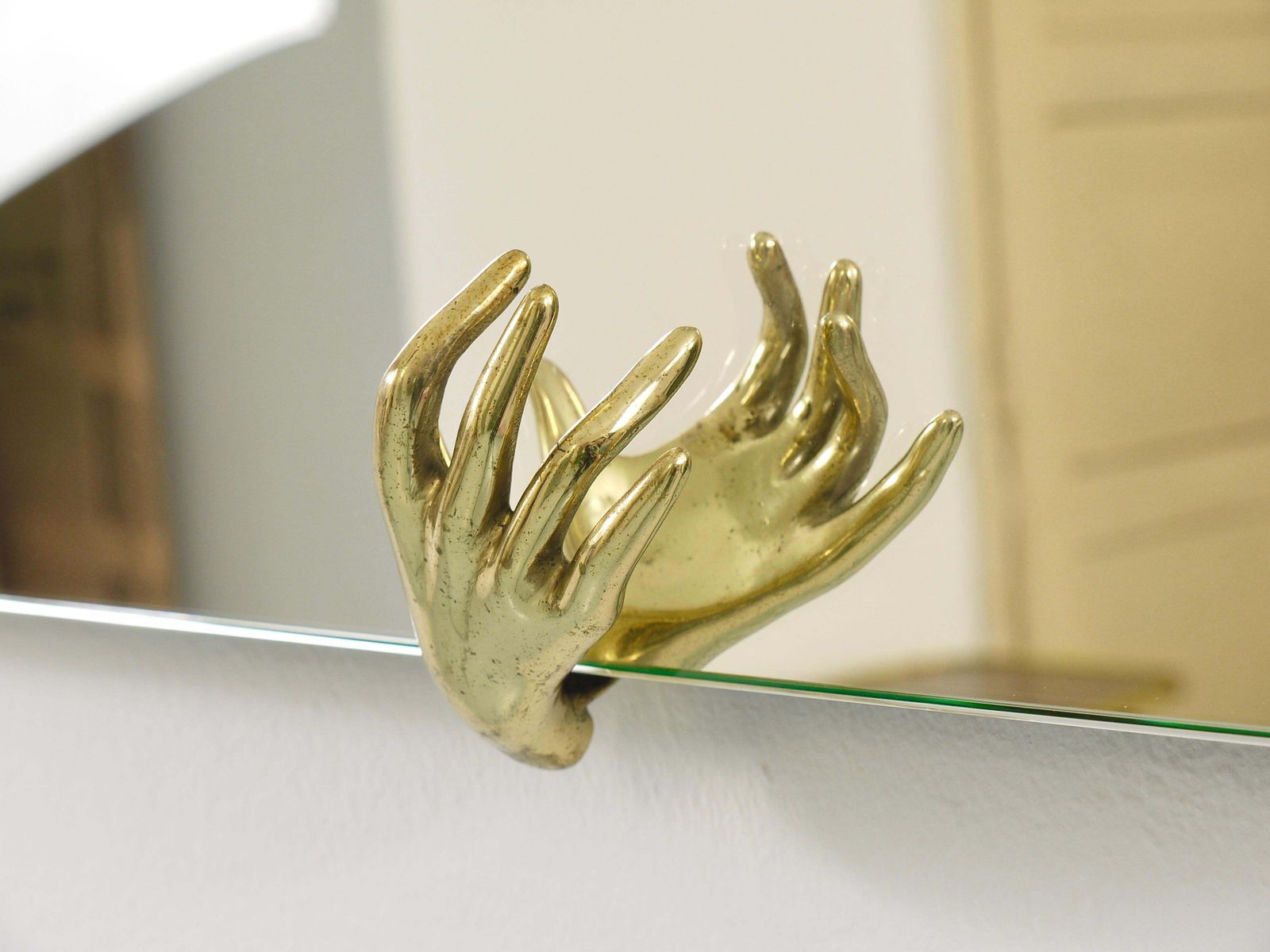 Scultpural Brass Hand Mid Century Wall Mirror, Italy, 1950s photo 2405.0