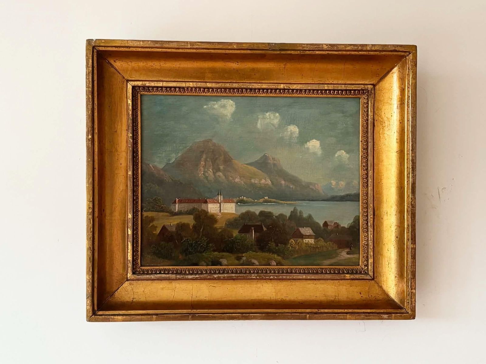 Antique Landscape Painting In Ornate Gold Frame, Mountain Lake And Castle Village Scene, Cottage Decor