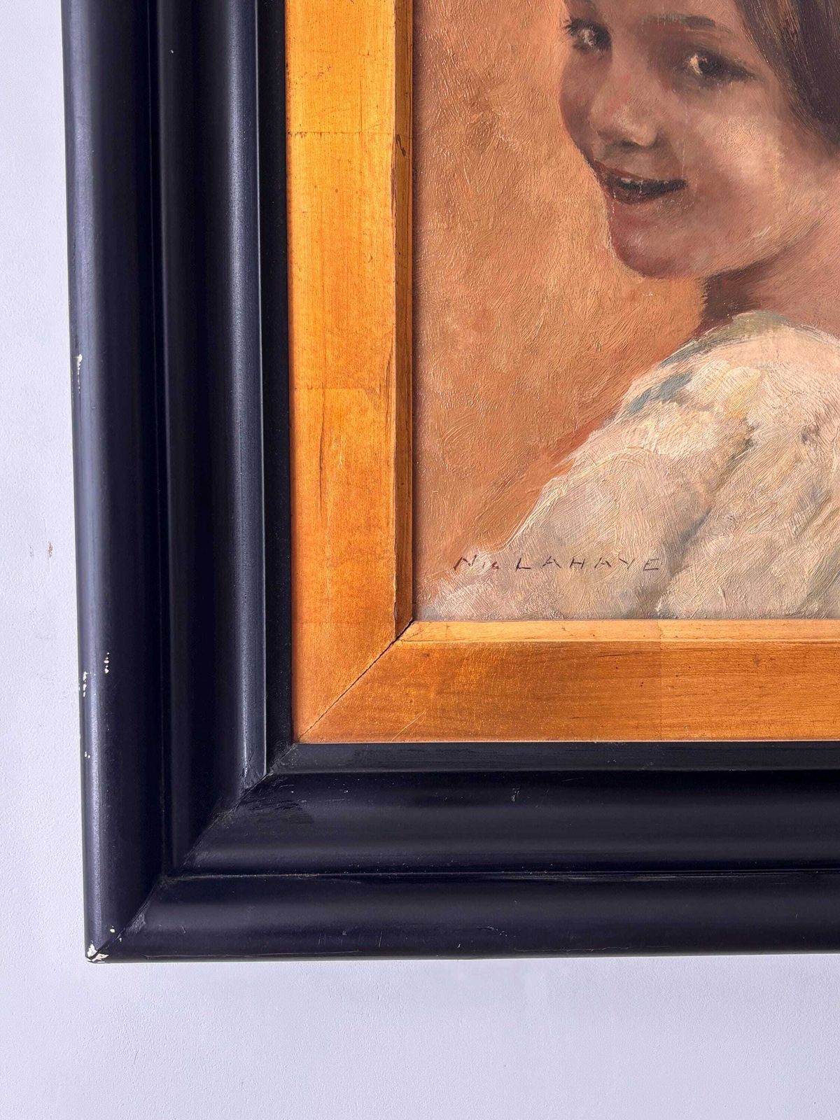 French Signed Lahaye Oil Painting, Portrait Of Young Girl, Antique French Art, Original Framed Oil On Board photo for sale
