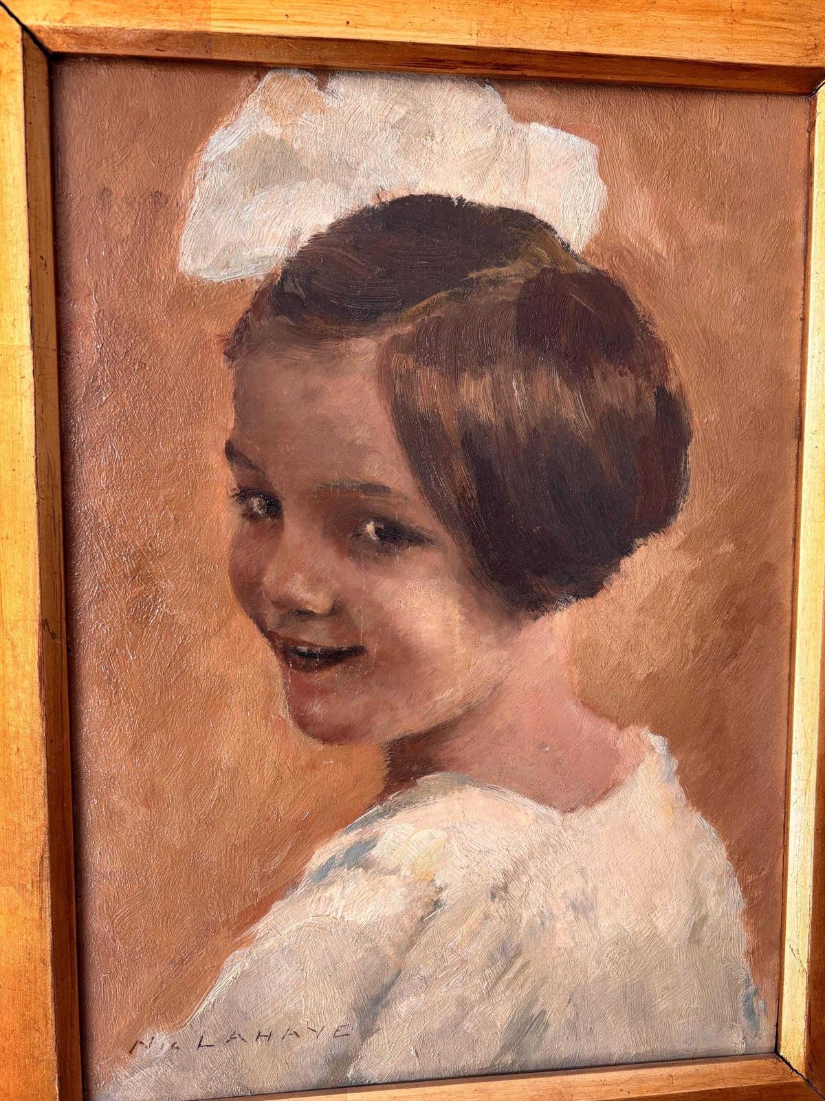 French Signed Lahaye Oil Painting, Portrait Of Young Girl, Antique French Art, Original Framed Oil On Board photo 434.0
