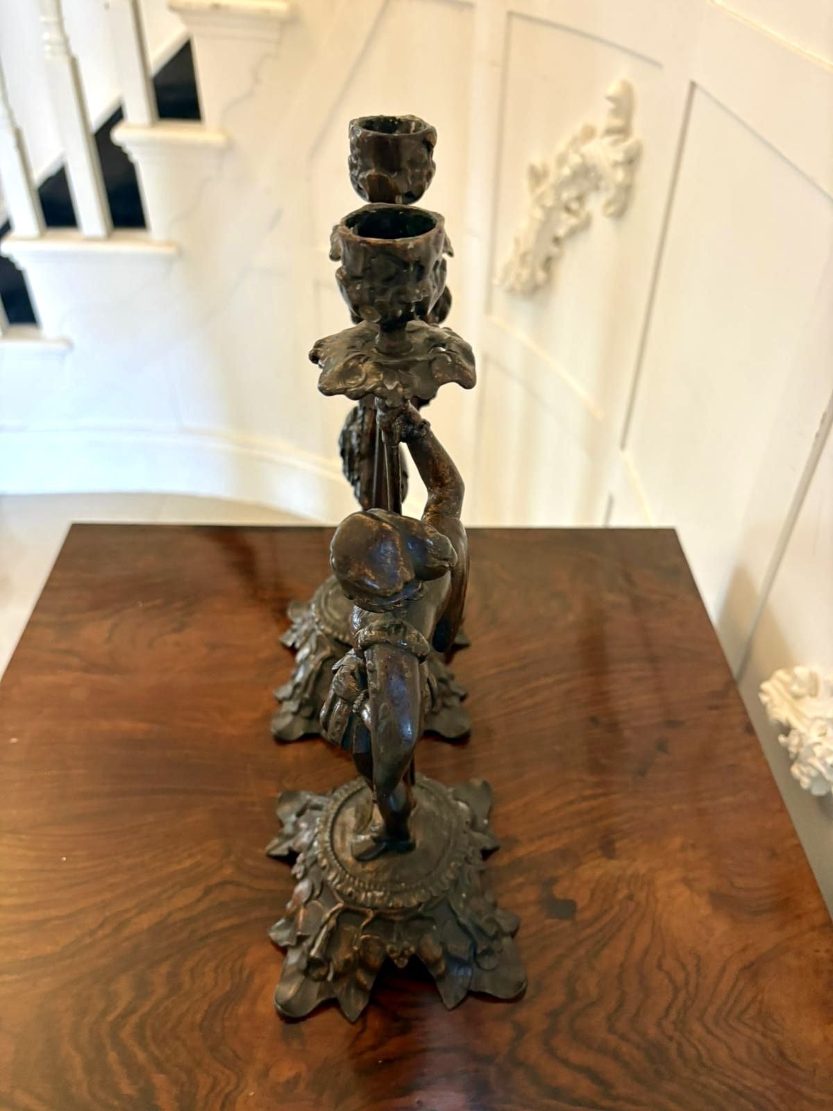 Antique Pair 19th Century French Figural Spelter Candlesticks Renaissance Soldier Sculptural Mantel Pieces photo for sale