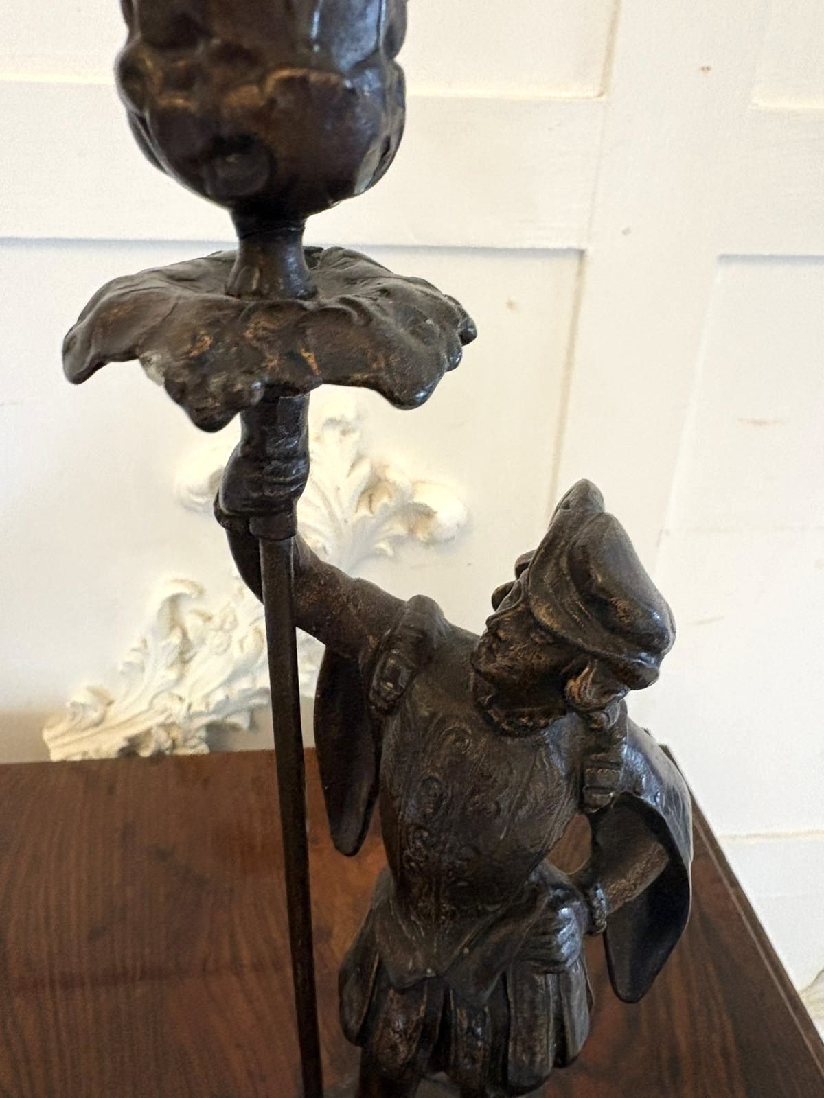 Antique Pair 19th Century French Figural Spelter Candlesticks Renaissance Soldier Sculptural Mantel Pieces photo vinterior