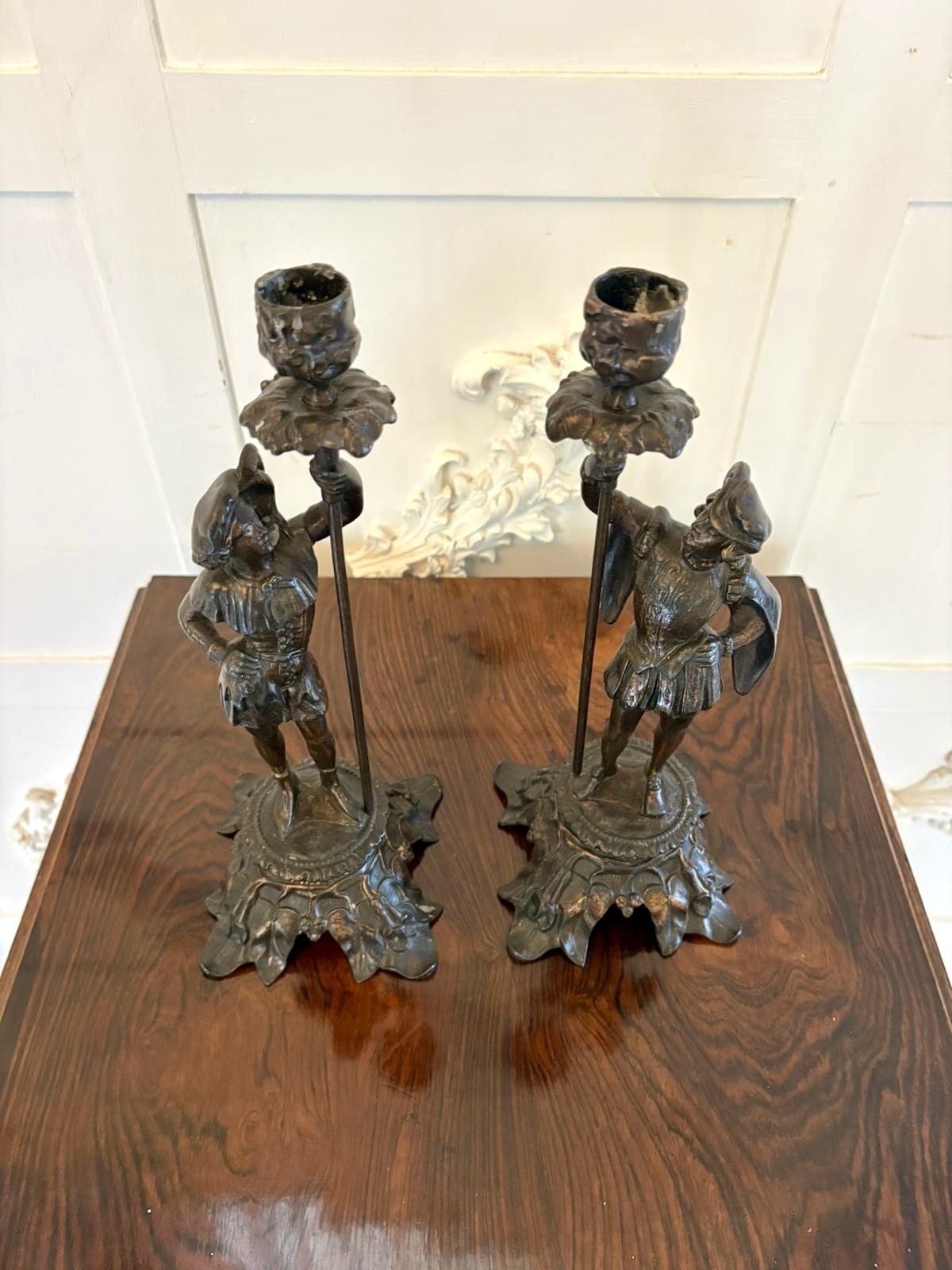 Antique Pair 19th Century French Figural Spelter Candlesticks Renaissance Soldier Sculptural Mantel Pieces photo vintage