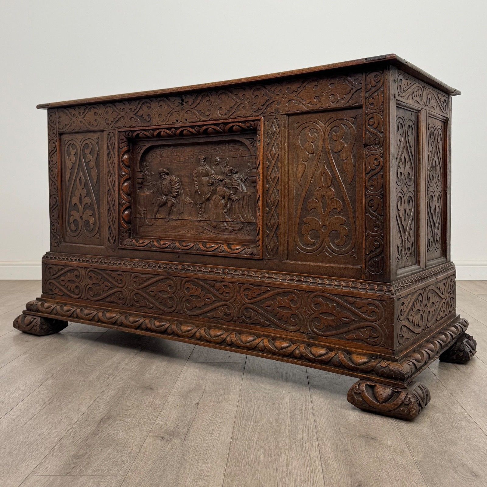 Antique 18th Century Heavily Carved Oak Georgian Coffer ( Af 5613 ) photo furniture