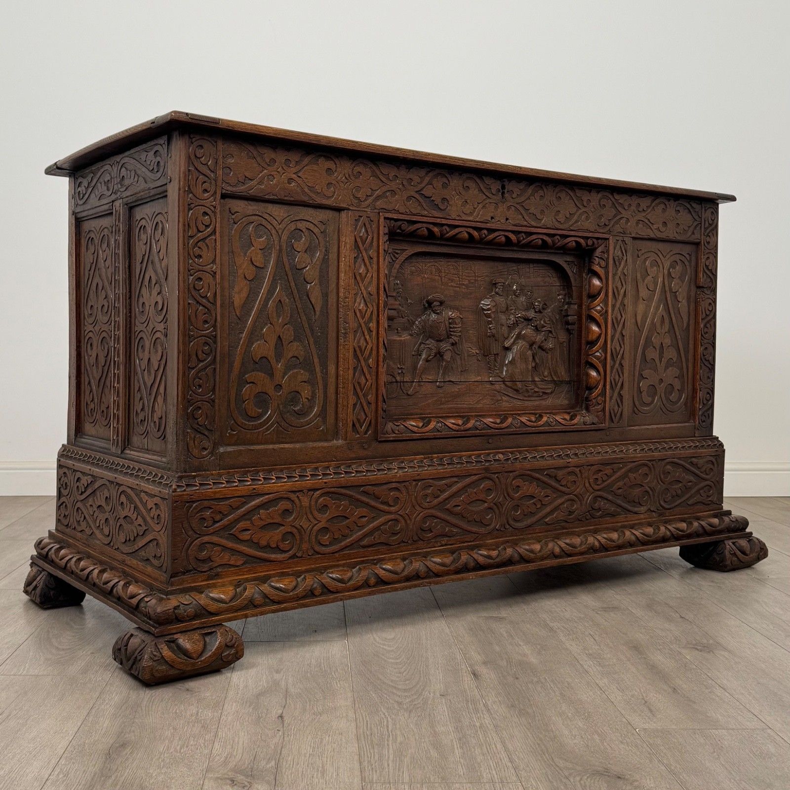 Antique 18th Century Heavily Carved Oak Georgian Coffer ( Af 5613 ) photo vintage