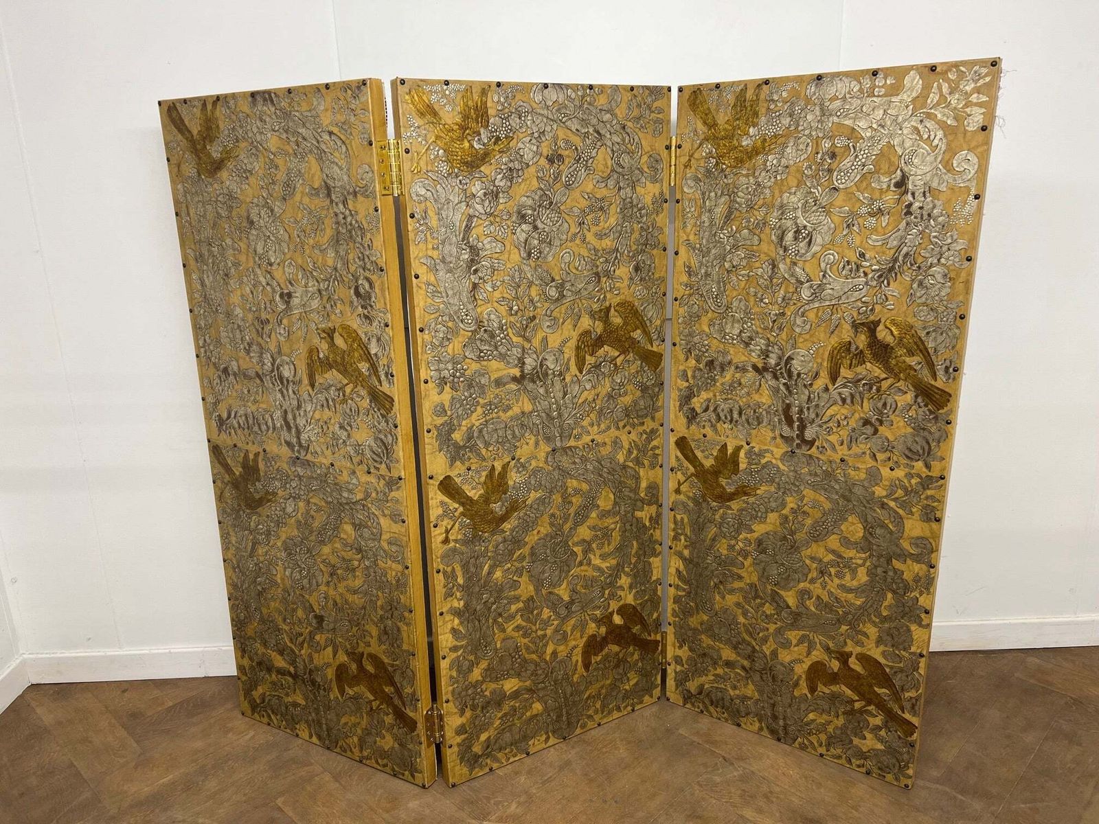 Set Of 3 Antique Panel Folding Screen/Room Divider With Intricate Gold & Silver Embossed Design In A Japanese Style photo furniture