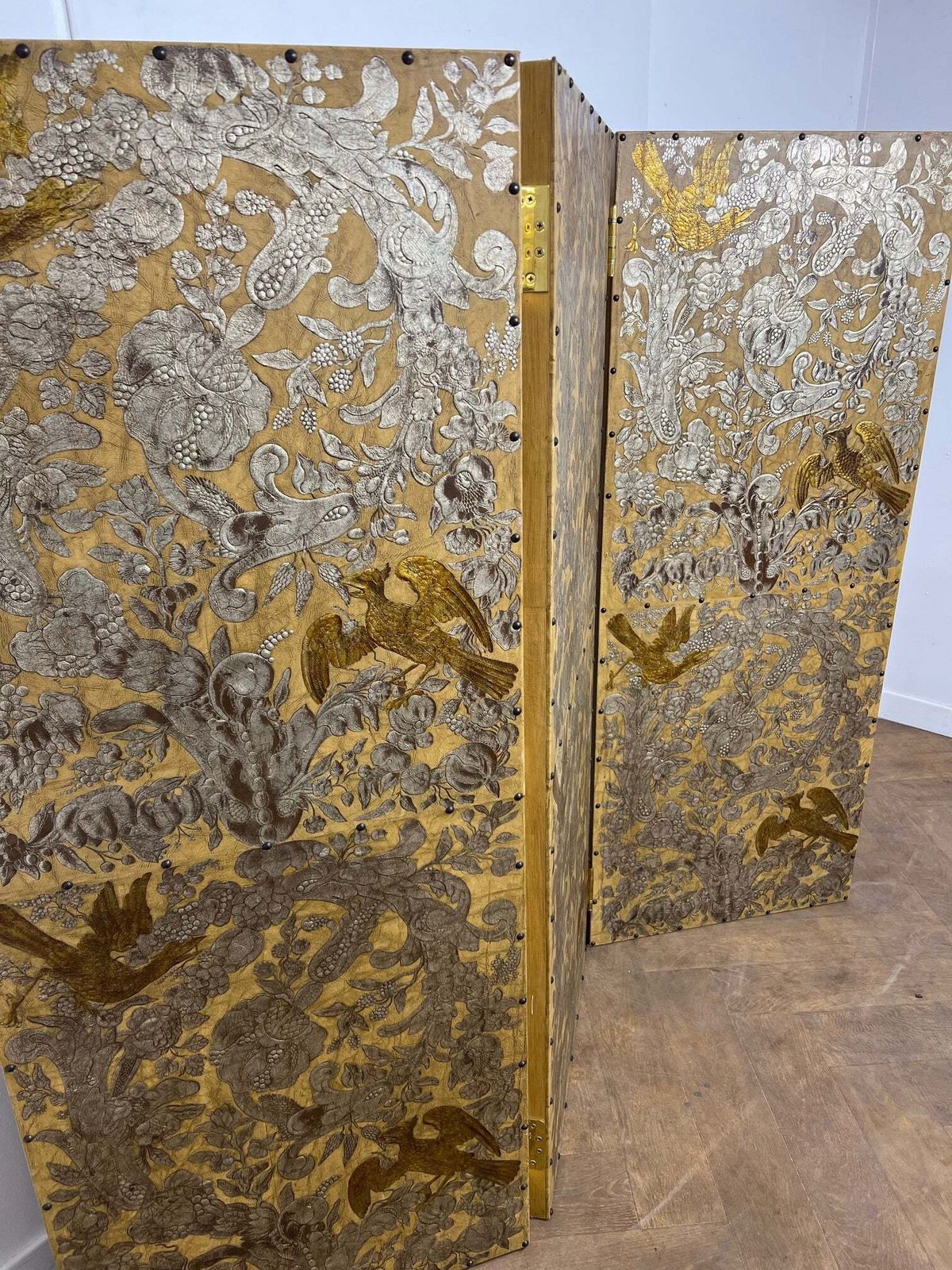 Set Of 3 Antique Panel Folding Screen/Room Divider With Intricate Gold & Silver Embossed Design In A Japanese Style photo Home Decor