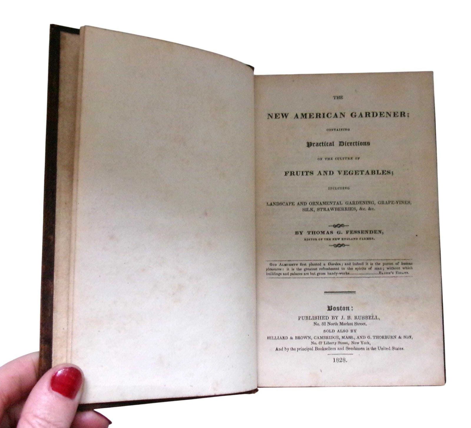 1828 Horticulture Book: New American Gardener, Thomas Fessenden, Full Leather Georgian photo Home Decor